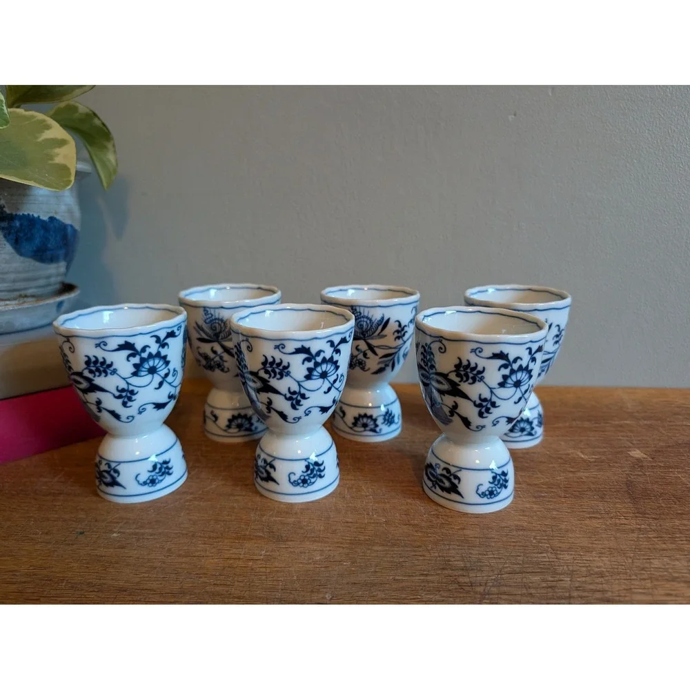 Vintage Blue Danube Japan Porcelain Egg Cups Set of 6 Blue Onion Floral Pattern